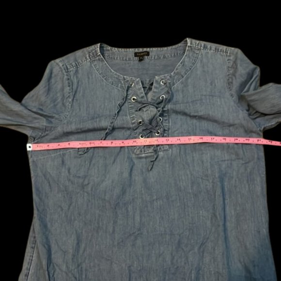 Talbots Blue Denim Jean Shift 1/2 Sleeves Lace Up Front Knee Length Dress Sz 16 - Picture 3 of 5